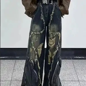 

Deconstructing tassel workwear jeans, men's and women's summer design sense, large pockets, ripped holes, floor pants