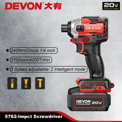 Devon 20v Cordless Impact Screwdriver Brushless 5762 240Nm 3700rpm 4200T/min 2 Smart Modes Rechargeable Universal Flex Battery