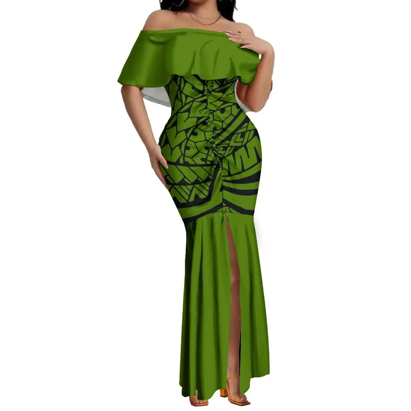 Hawaiian Beach Party Blue Couple Suit Men\'S Aloha Shirt And Women\'S One-Shoulder Dress Polynesian Floor-Length Fishtail Dress