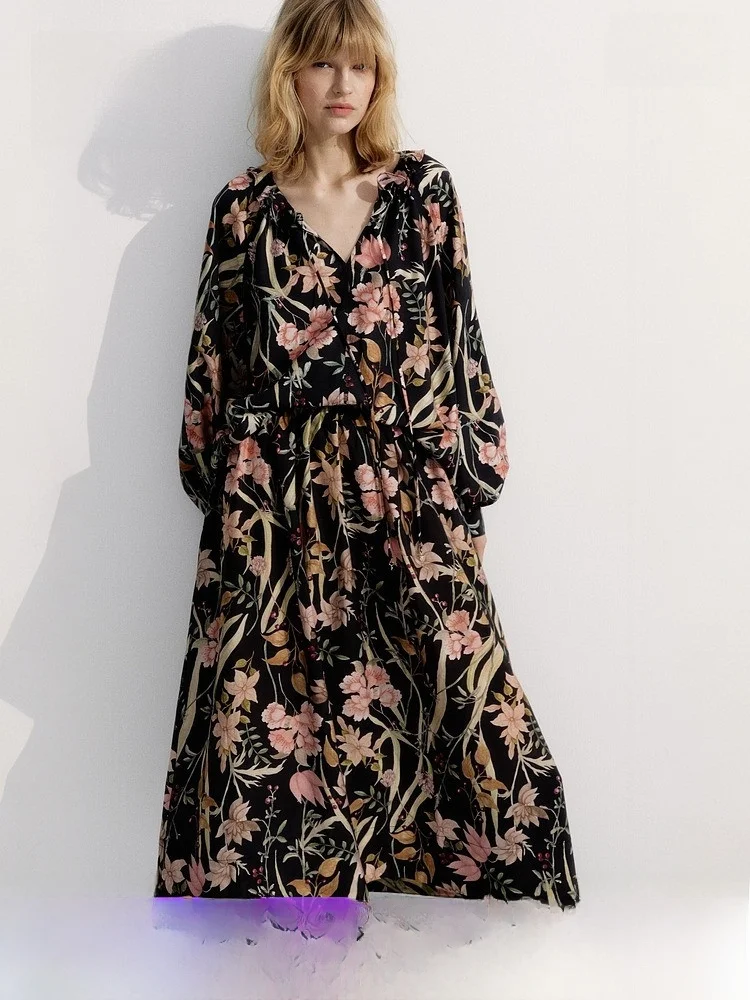 

H & M женский irt Lantern Sve с воротником-стойкой, простой элегантный топ с воротником-стойкой, осеннее новое поступление, повседневный длинный топ с v-образным вырезом...