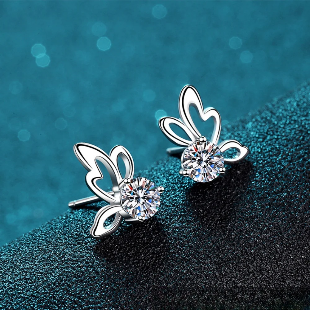 Nieuwe S925 Sterling Zilveren Stud Oorbel Voor Vrouwen Vlinder Witte Ronde Moissanite Oorknopjes