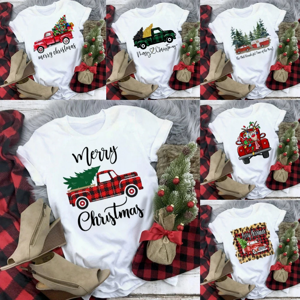 

Рождественская футболка с оленями, свободная футболка с рождественской елкой для грузовика, прочная мужская и женская повседневная футболка унисекс, повседневная уличная одежда для путешествий