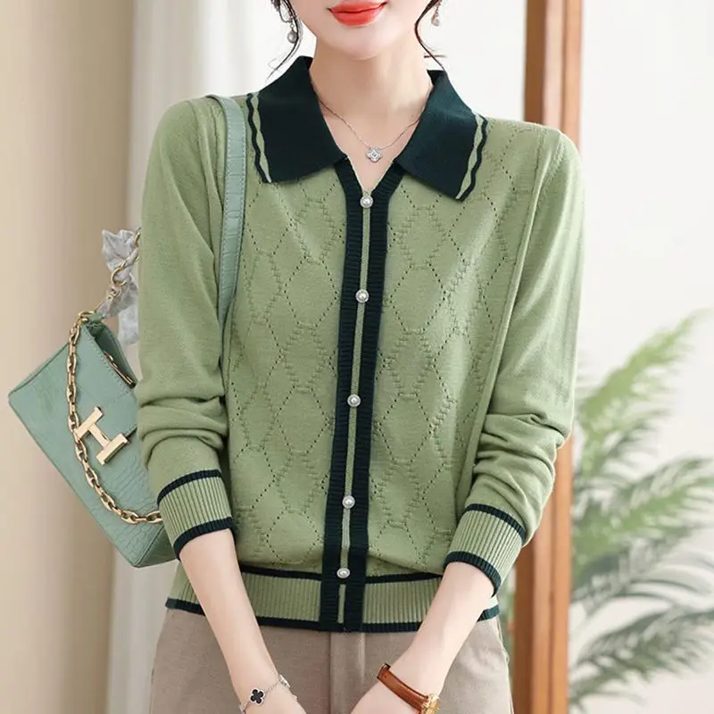 2023 Spring and Autumn Polo Collar Long Sleeve Solid Loose Sweater Age Reducing Comfortable Office Lady Leisure Female Underlay