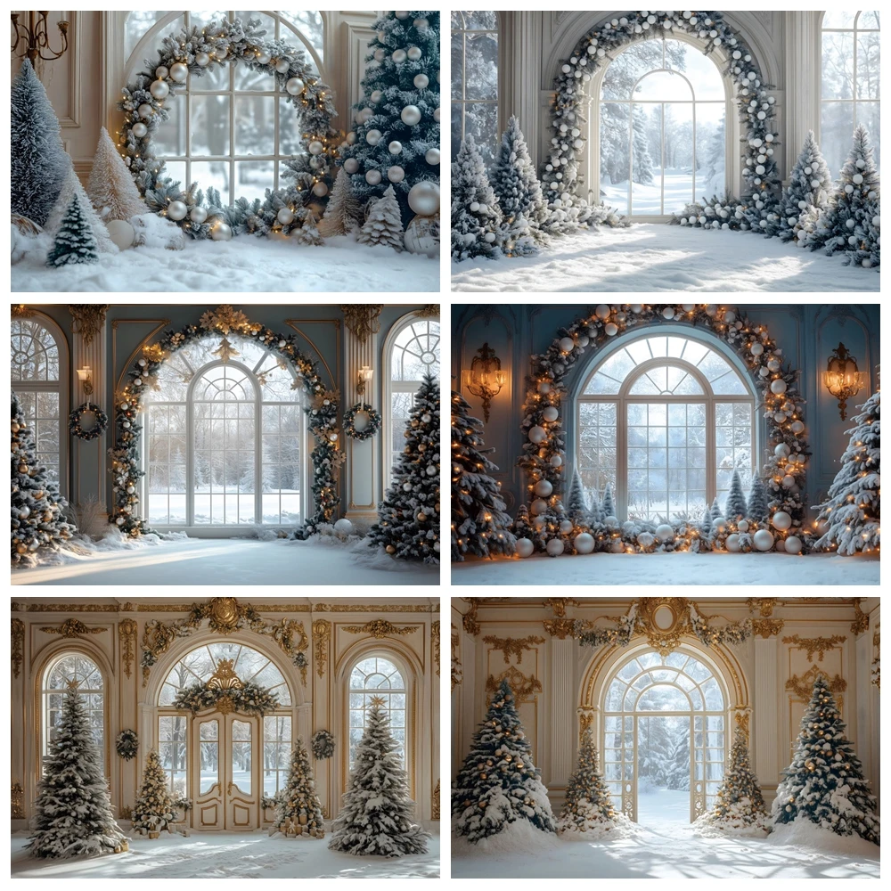 Winter Schnee Weihnachten Hintergrund Weihnachtsbaum Europäischen Fenster Weihnachten Erwachsene Kinder Porträt Fotografie Hintergrund Dekor Foto Studio