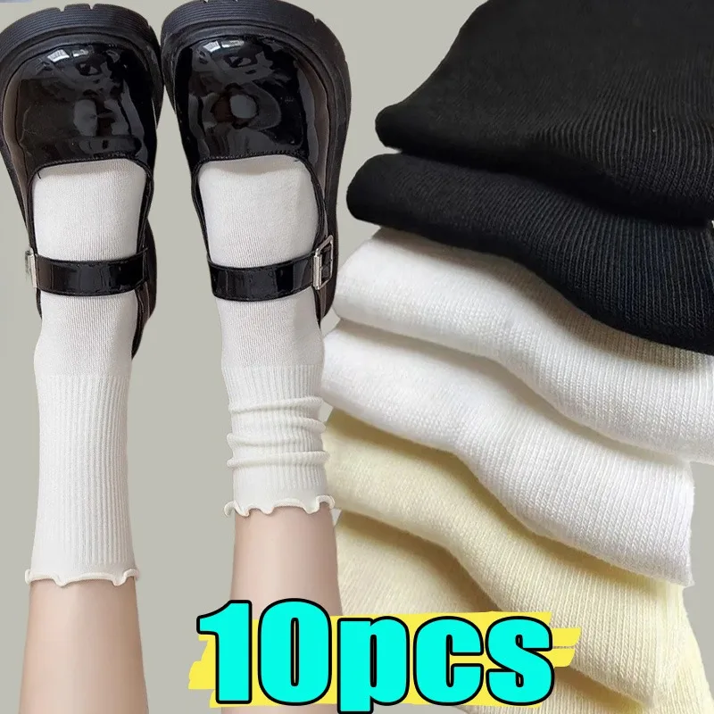 

1/5pairs Korean Lolita Jk Ruffle Cotton Socks for Women Middle Tube Ankle Soft Breathable Hosiery Black White Autumn Kawaii Sock