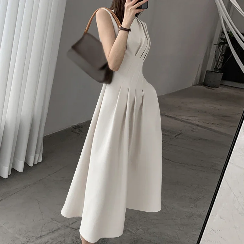 Robe trapèze pour femmes, couleur unie, col rond, sans manches, débardeur, élégante, tenue de soirée, été