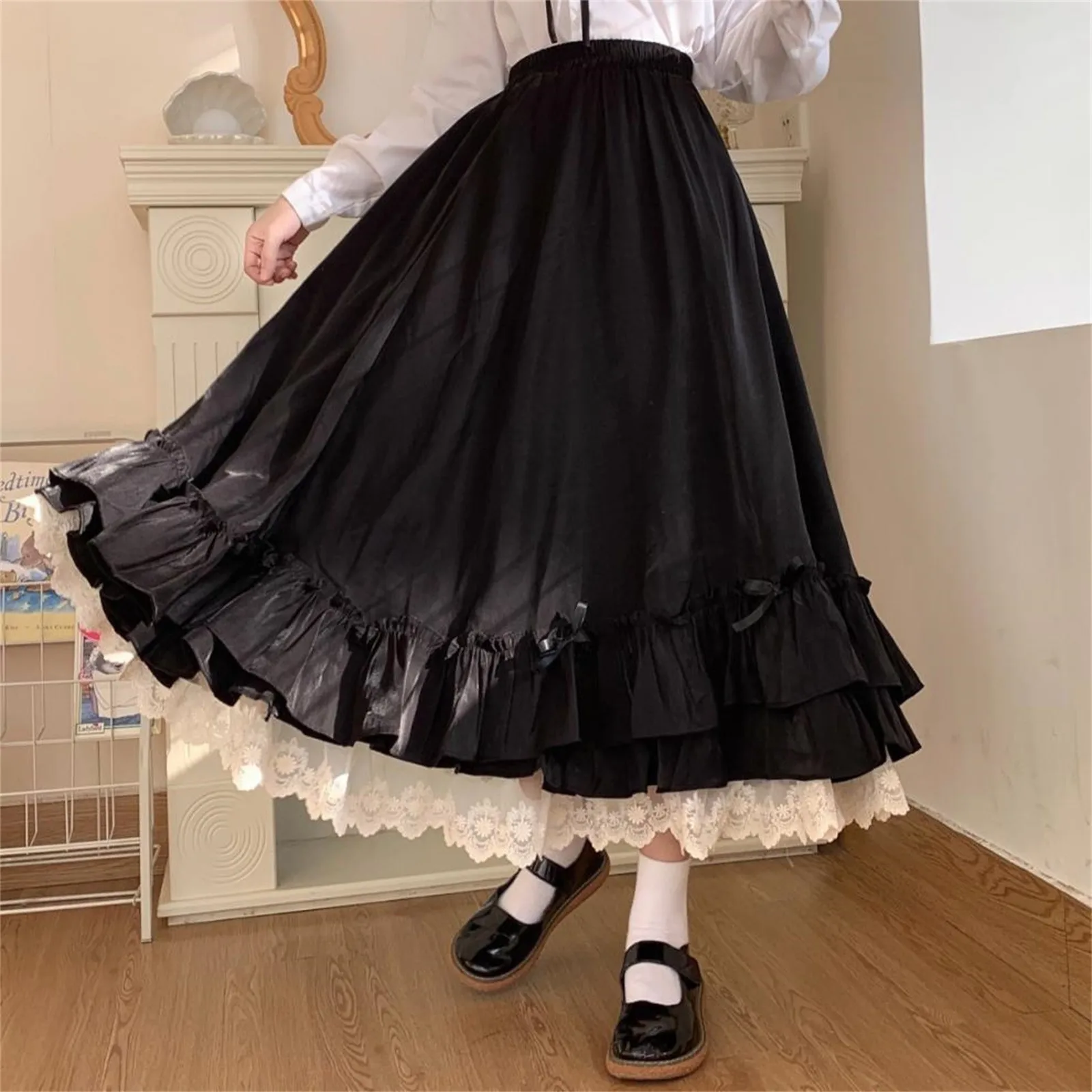 Frauen schwarzer Rock eleganter einfarbiger langer Rock großer Saum elastische Taille fließend und locker sitzender langer Rock Frauen kleid