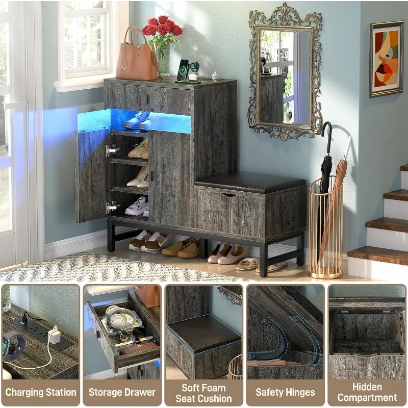 Shoe Cabinet Storage for Entryway - Freestanding Shoe Rack Bench with LED Lights & Power Outlets, Reversible Shoe Storage