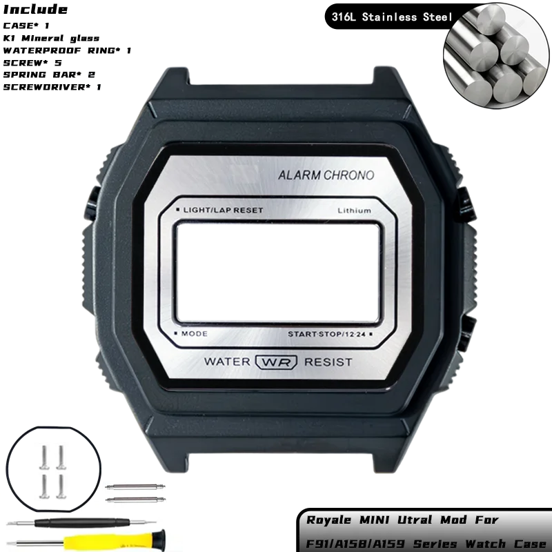 Royale Ultra Mod für CASIO F-91/A158/A159 Uhrengehäuse 316L Edelstahl K1 Mineral Poliert Gebürstetes Mattes Gehäuse Sunray Zifferblatt-Set – Detail 23