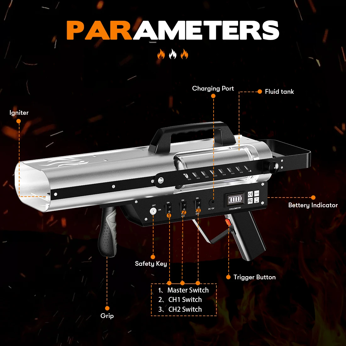 MOKA SFX Stage Flame Gun Double Heads Fire Flame Machine Effect Flamethrower DJ Show 1-3 Meters with Safety Key