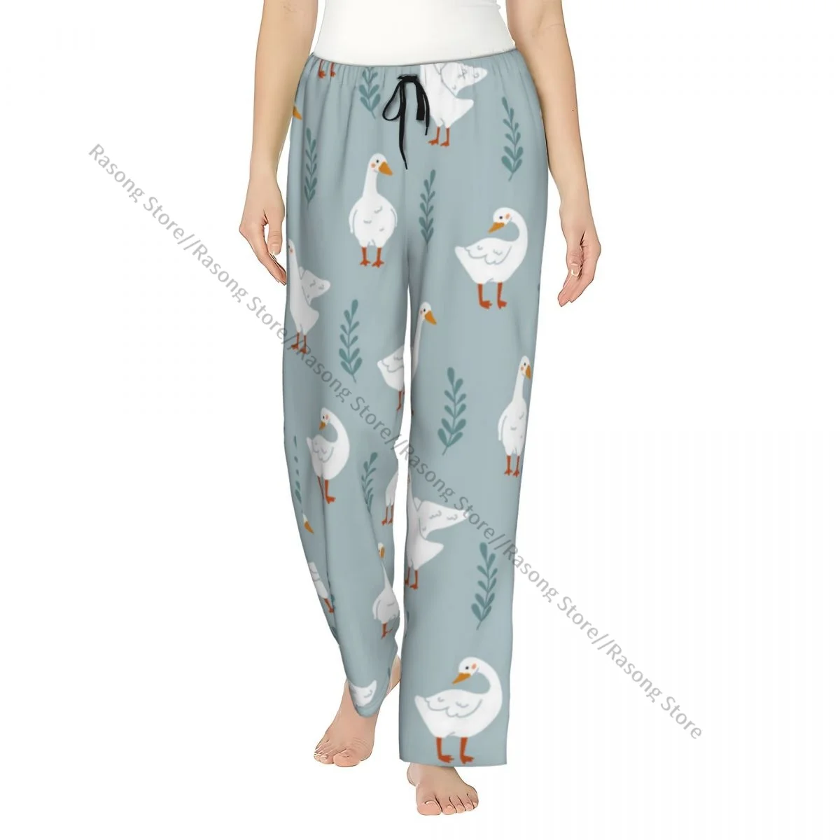 

Warm Women Pajama Pants Cute White Gooses And Leaves Scandinavian Geese Pattern Flannel Sleep Bottoms Soft Fleece Loungewear