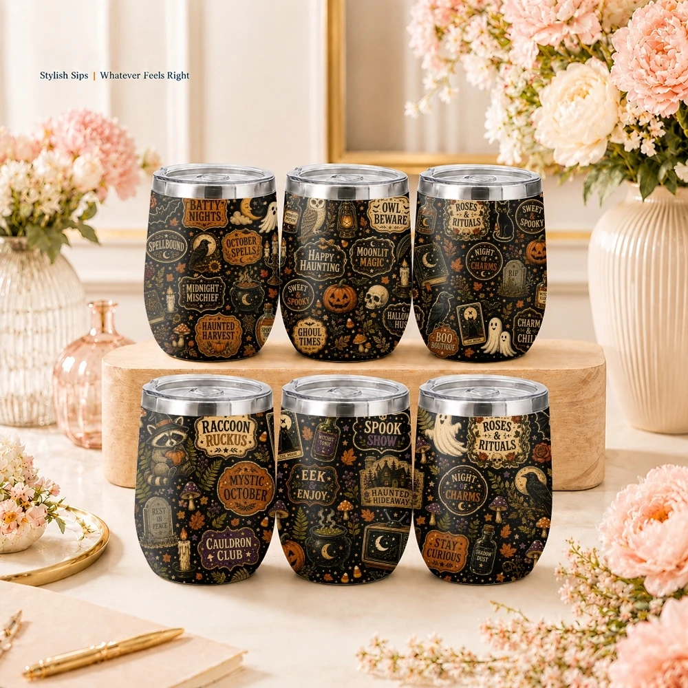 Vintage Halloween Label Mix Vacuum Flasks 12oz Insulated Stainless Steel Mug with Lid Double Wall Coffee Cup Travel Tumbler