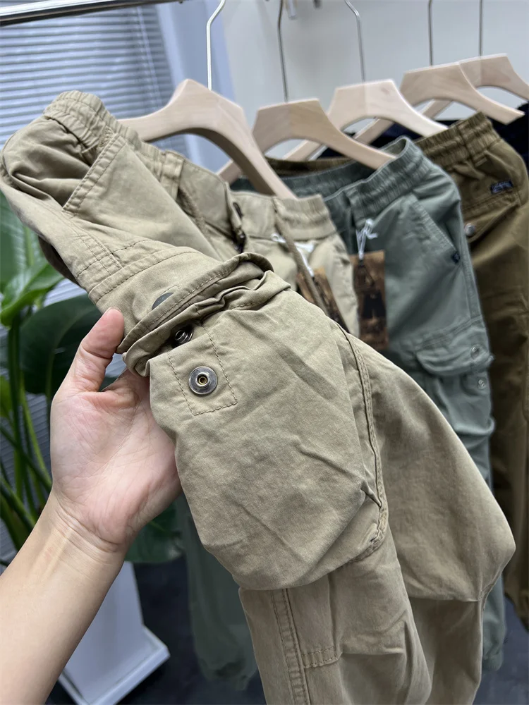 Japanese Sle Casual Workwear Pants Large Pockets Men's Solid Color Multi-Pocket Drawstring Trousers Spring Autumn Wear