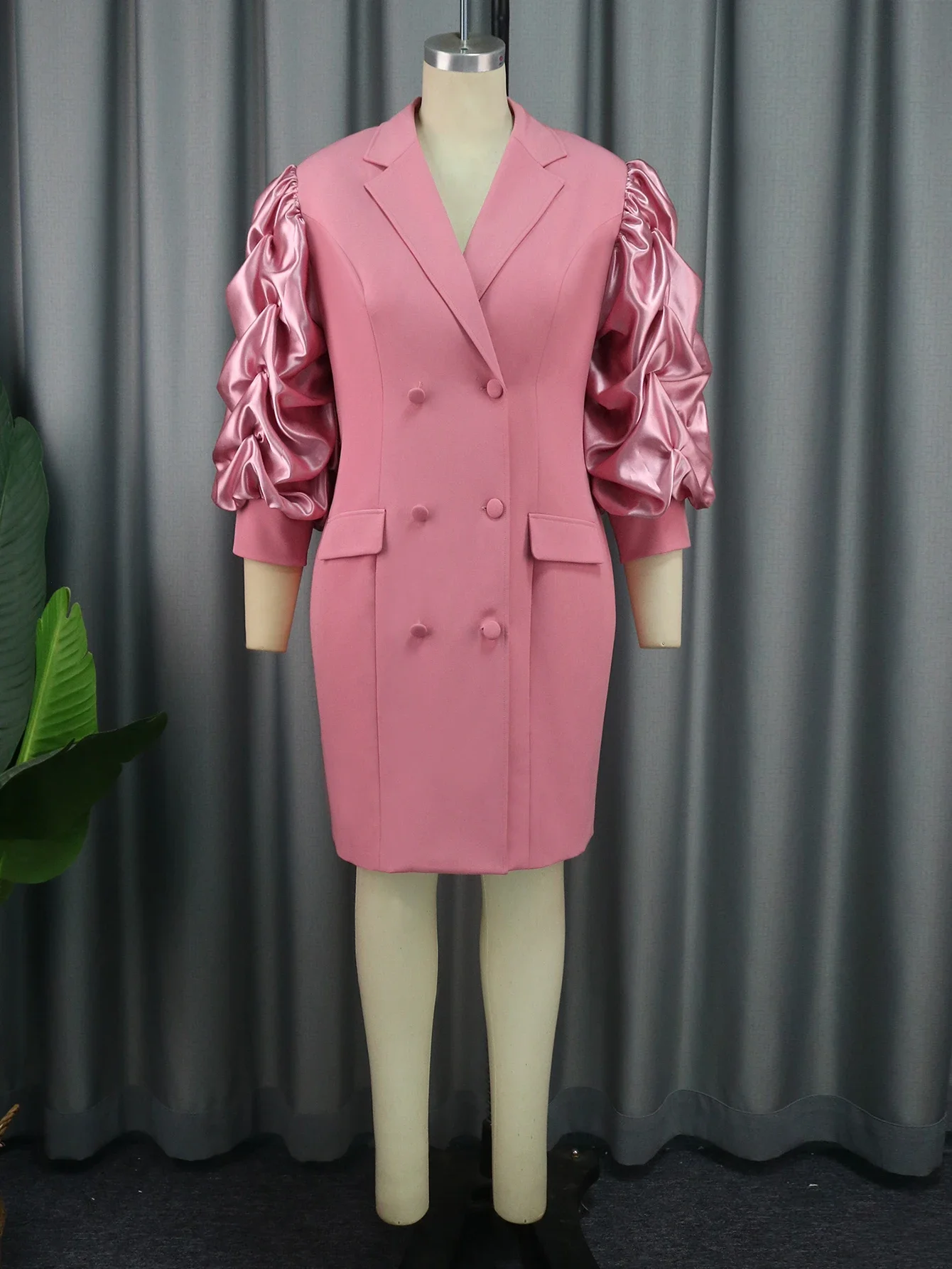 Women's Blush Pink Blazer Dress Lapeal Bubble Puff Sleeve Fake Pocket Jacket Dress Soft Lining Fall Winter Elegant Work Wear 3XL