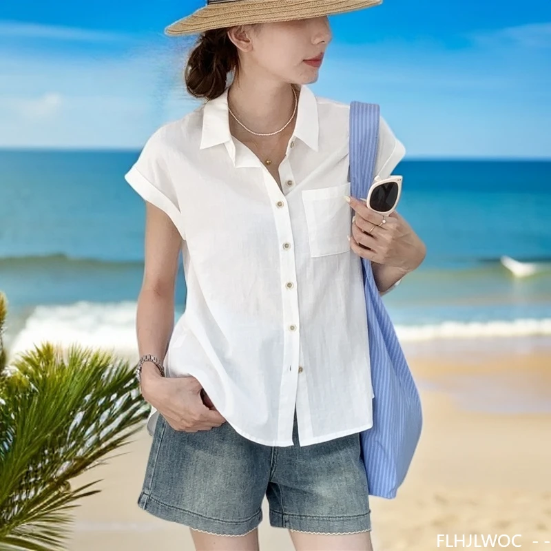 

Хлопковые льняные топы, блузки, новинка лета 2021, милые милые белые рубашки на пуговицах в консервативном стиле для девочек с короткими рукавами в стиле ретро