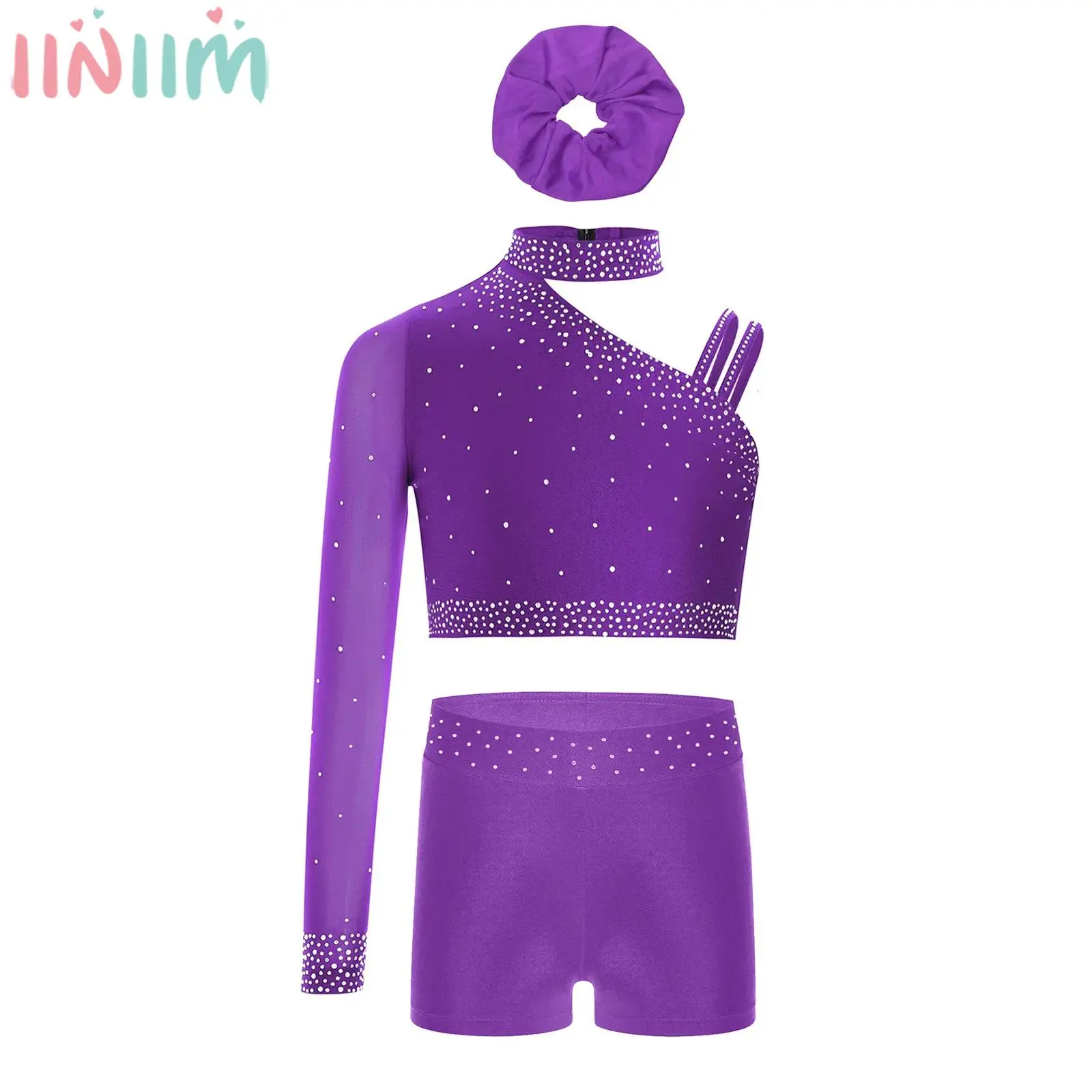 Kids Girls Figure Skating Ballet Dance Gymnastics Acrobatics Outfit One Shoulder Rhinestones Crop Top with Shorts Hairband
