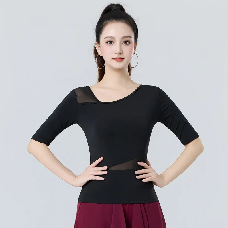 

2025 Summer New Latin Dance Woman costume Female Adult V-neck Middle Sleeve Mesh Splicing Dance Practice Dress Top T-shirt