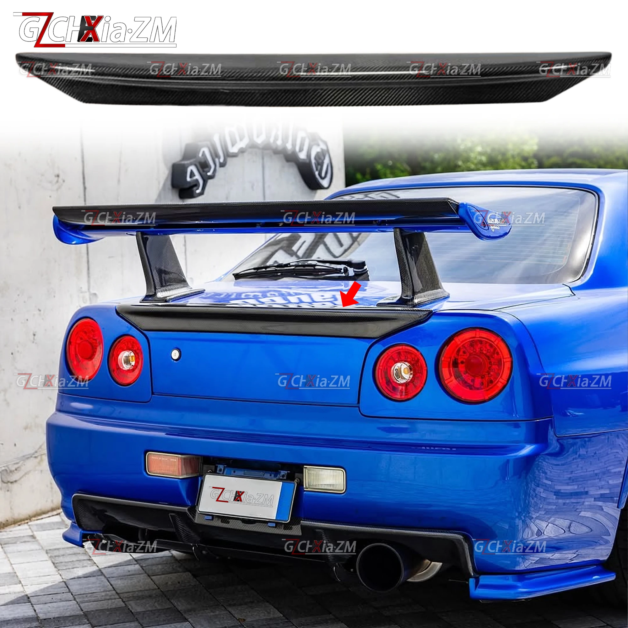 For Nissan Skyline R34 GTR Carbon Fiber Material MI Style Spoiler Diffuser Tail Wing Shoe Lips Automotive Body Aerodynamics Kit