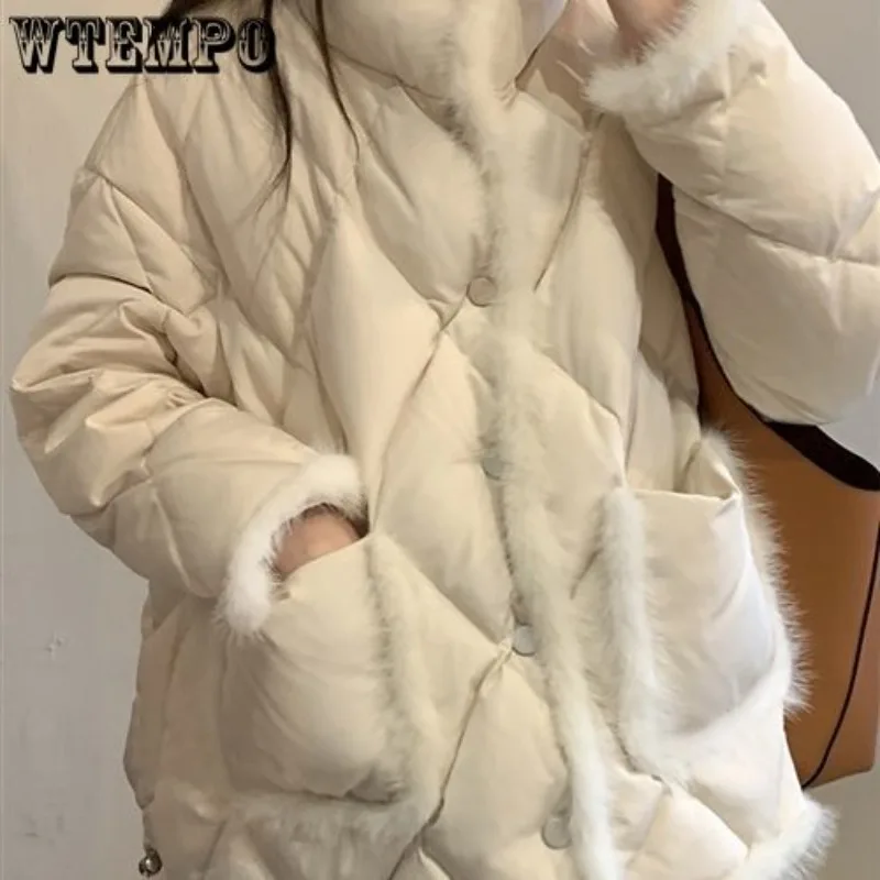 WTEMPO Women\'s Puffer Jacket Fur Trim Stand Collar Button Up Quilted Coat Loose Warm Winter Fall Diamond Padded Down Outwear