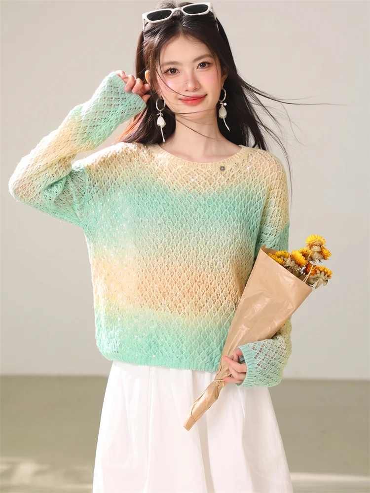2026 Autumn Ladies Gradient Hollow Out Knitwear Loose Fit Daily Versatile Knit Shirt