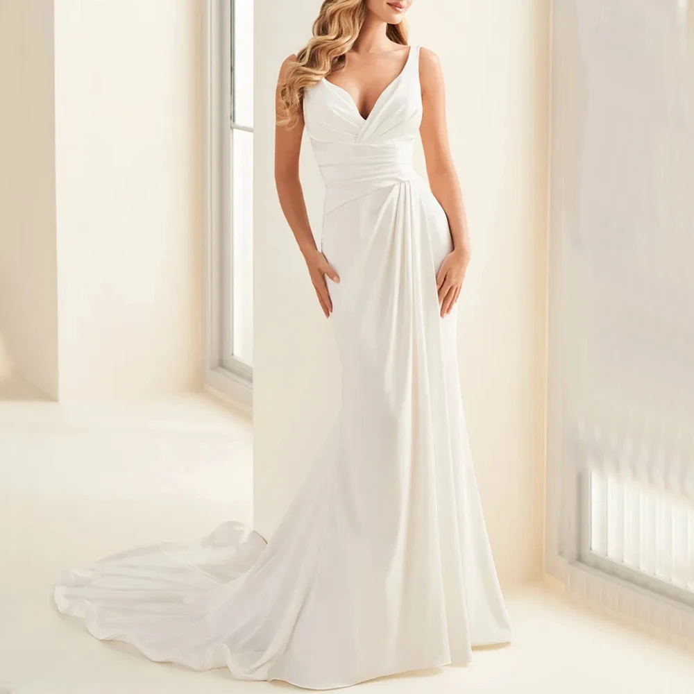 Classic Sleeveless Wedding Dress Deep V-Neck with Pleat Floor Length Mermaid Bridal Jersey Sweep Train Backless with Buttons