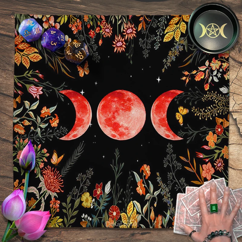 Triple Moon Phase Altar Cloth Tarot Tablecloth Spread Reading Oracle Card Pad Divination Witchcraft Celestial Flower Home Decor