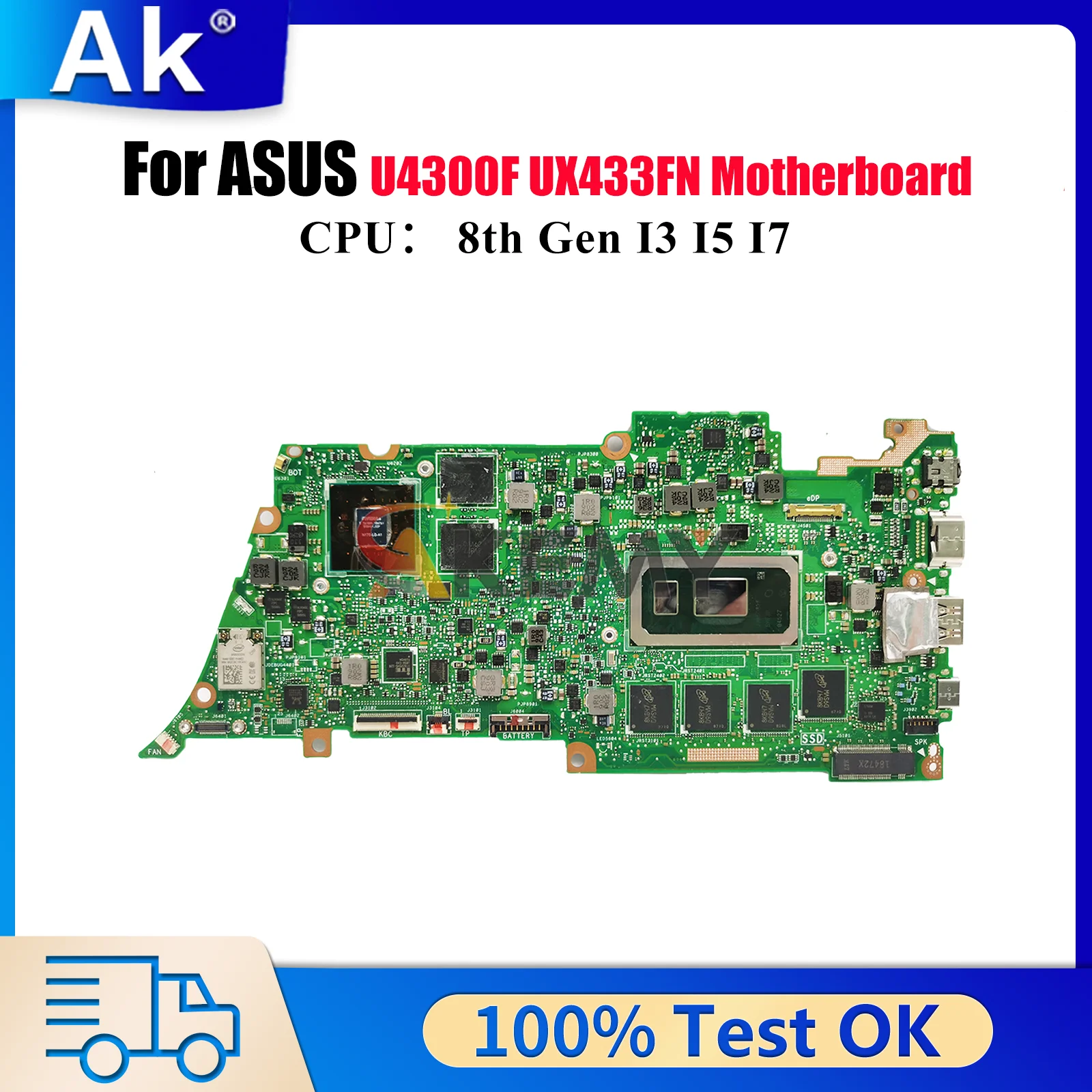 

UX433FN Laptop Motherboard For ASUS ZenBook UX433F U4300F UX433FN Notebook Mainboard With I3 I5 I7 CPU 100% tests OK fast ship