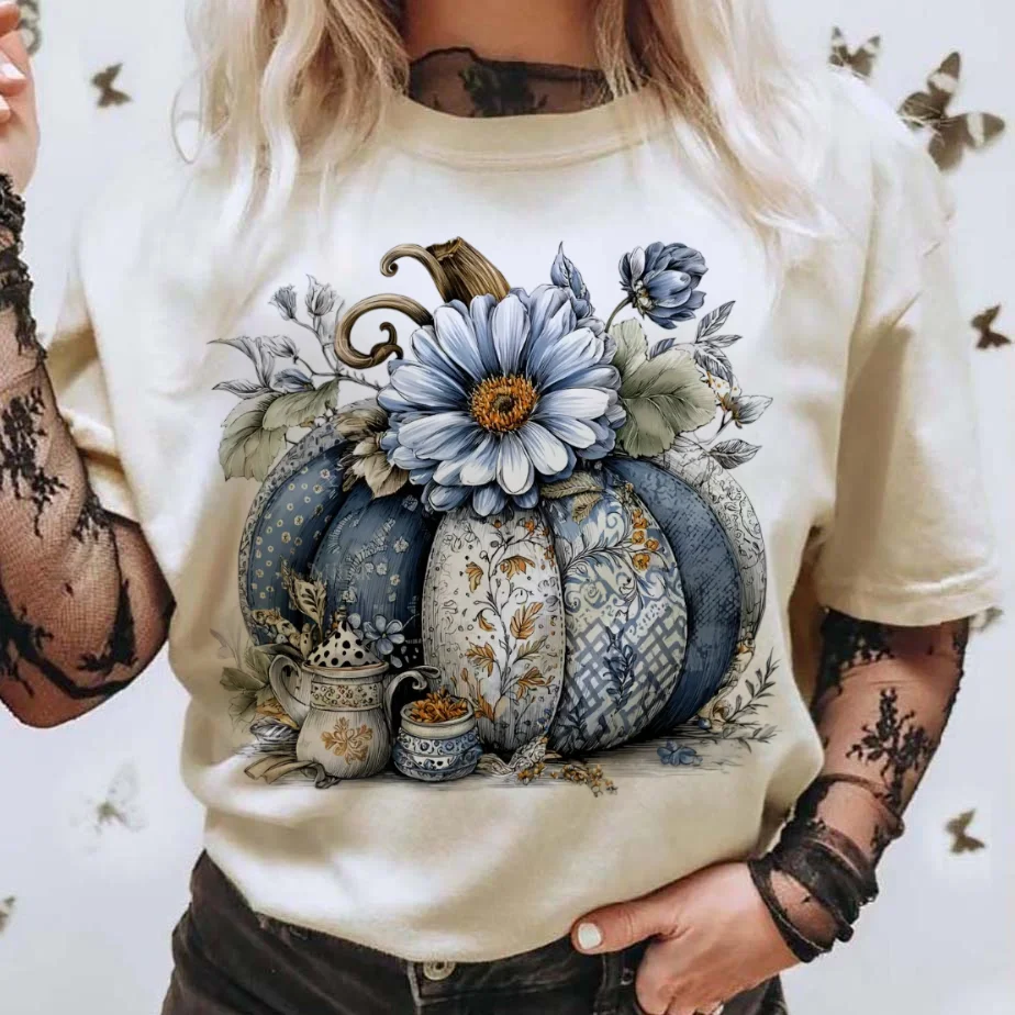 

Повседневная футболка с милым цветком и тыквой и принтом, стильная женская футболка с круглым вырезом и короткими рукавами, летняя универсальная обычная футболка