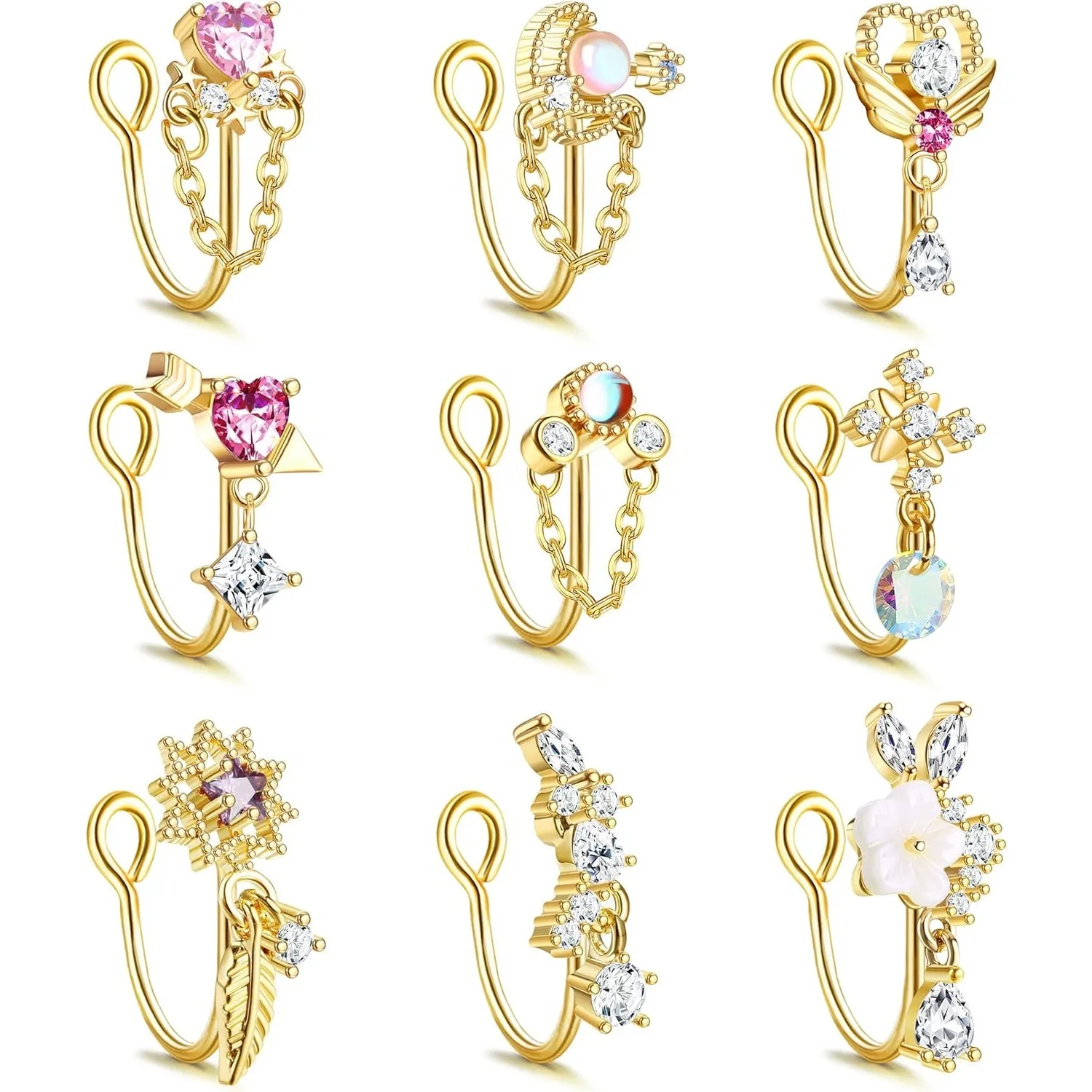 

9pcs Fake Nose Rings Dangle Clip on Nose Rings for Women Men Cuffs Faux Rings Non Piercing Jewelry Fake Piercing