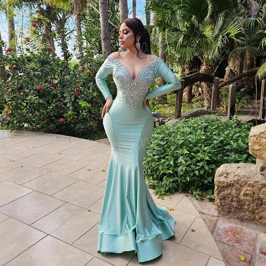 

Fascinating V Neck Women's Mermaid Beautiful Evening Dresses Simple Long Sleeve Prom Gowns Beaded Formal Party Vestidos De Gala