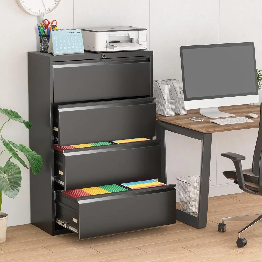 4 Drawer Lateral File Cabinet with Lock, Black Locking Lateral Filing Cabinet with Drawers, Office Metal File Cabinet