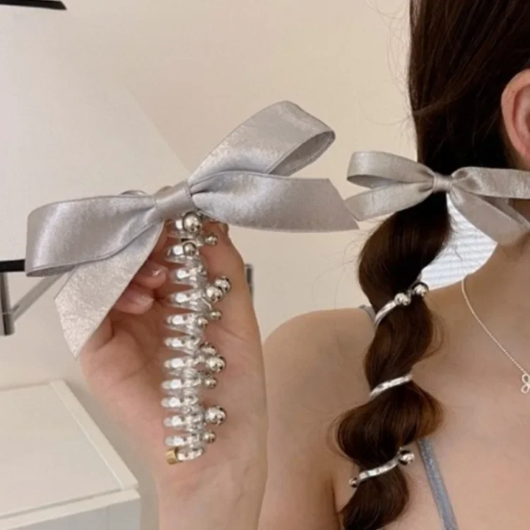 

Girl's silver bow hair band beads phone line headband ponytail hair rope sweet bubble braid hair artifact