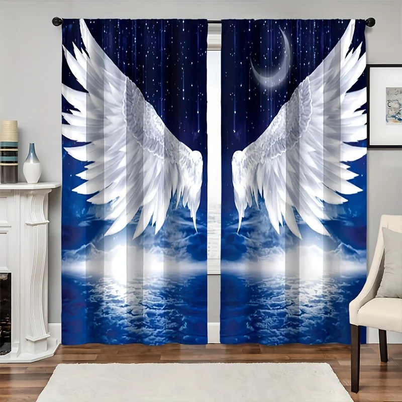 2pcs HD Digital Printed Curtains Living Room Bedroom Rod Pocket Curtains Colorful Angel Wings Print Curtain For Bedroom Window