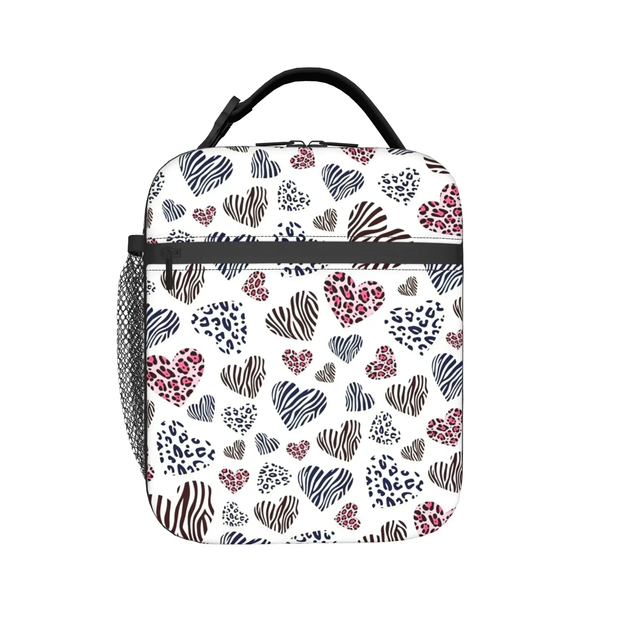 Leopard Zebra Mixed Heart Pattern Y2K Romantic Animal Style Lunch Bag For Child Office Lunch Box Oxford Thermal Tote Handbags