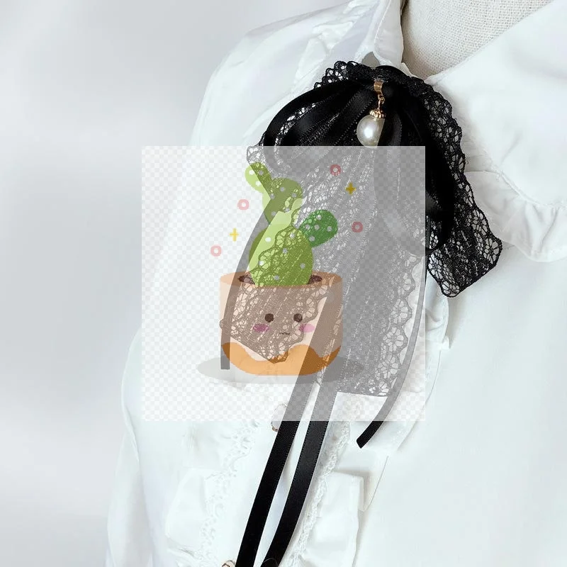 โบว์ผูกคอผ้าลูกไม้สีดำประดับมุกสำหรับผู้หญิง ใช้ตกแต่งเสื้อเชิ้ต ปกเสื้อ และเครื่องประดับอื่นๆ