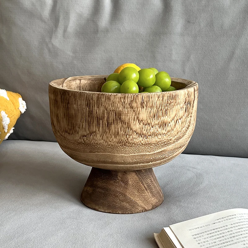 

Wabi Sabi Style Elevated Fruit Bowl Solid Wood Storage Trays for Snacks Handcrafted Whole Log Dessert Platter Dining Table Decor