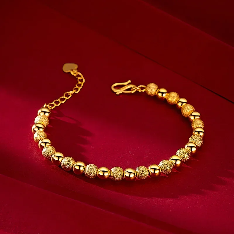 Luxurious Real Gold Frosted Round Beads Ladies Bracelet 6mm, New in 24K Yellow Gold Bracelet Wrist Chain for Girlfriend