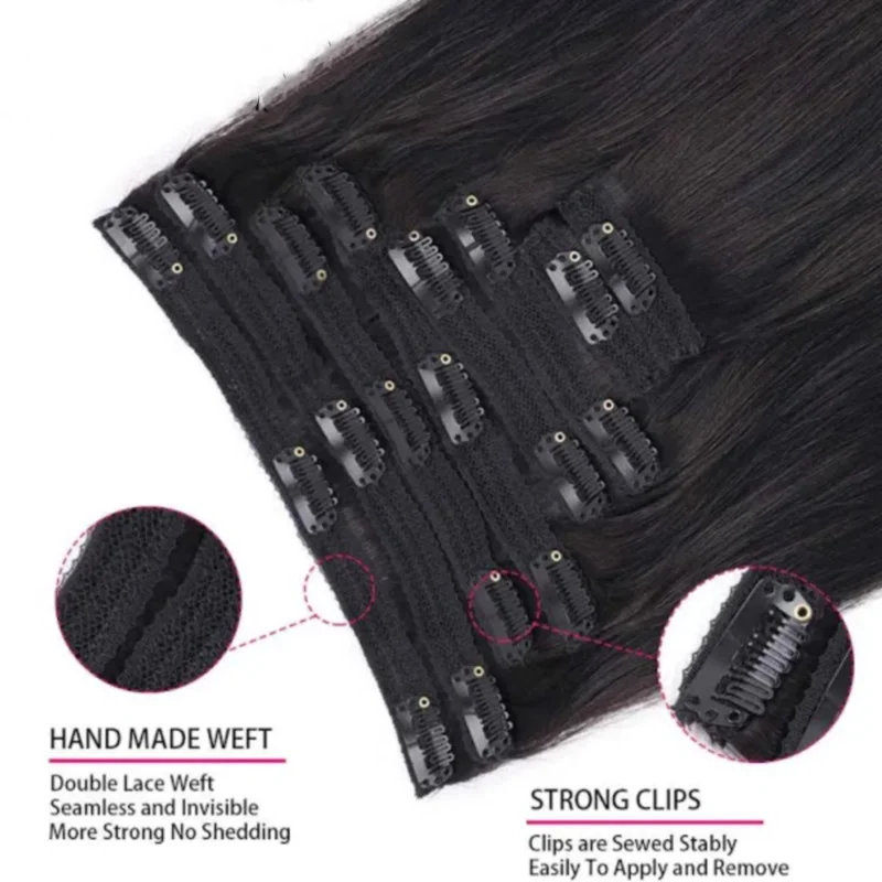 Extensiones de cabello humano brasileño liso, postizo de Color negro Natural, Clip de cabeza completa, 16-26 pulgadas