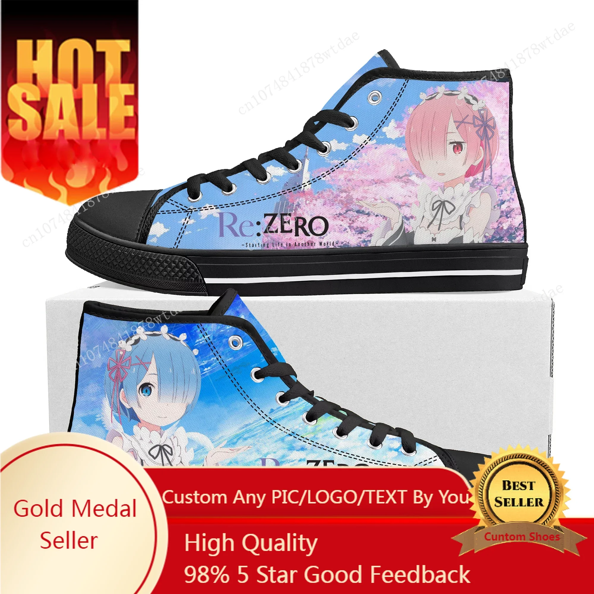 

Rem Ram High Top Sneakers Mens Womens Teenager Re:Zero High Quality Canvas Sneaker Anime Cartoon Manga Casual Custom Made Shoes