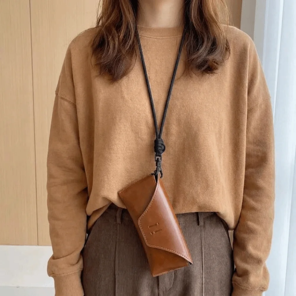 Solid Color PU Leather Glasses Bag Anti-Fall Hanging Neck Glasses Storage Bag Eyewear Protector Case Korean Style