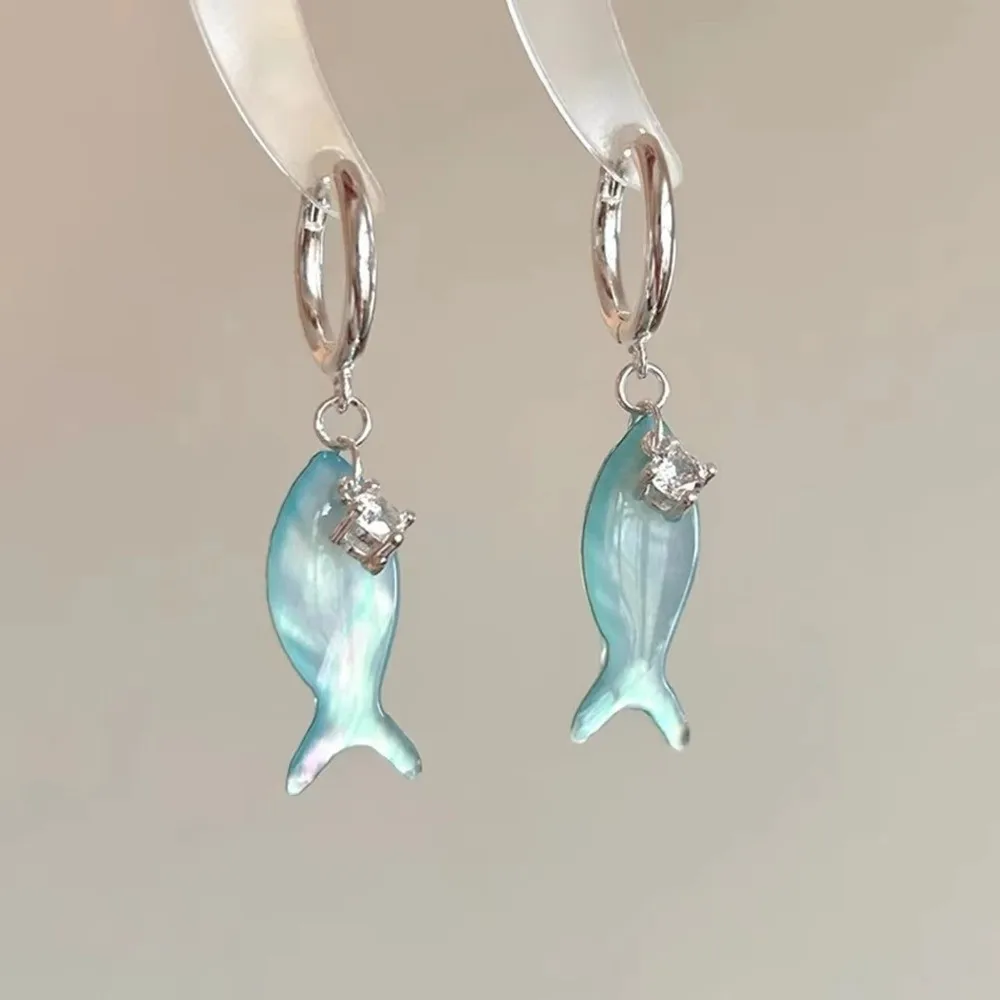 Funny Ocean Theme Fish Charm Earrings Resin Zircon Dangle Drop Earrings Personality Cute Hoop Earring Gift