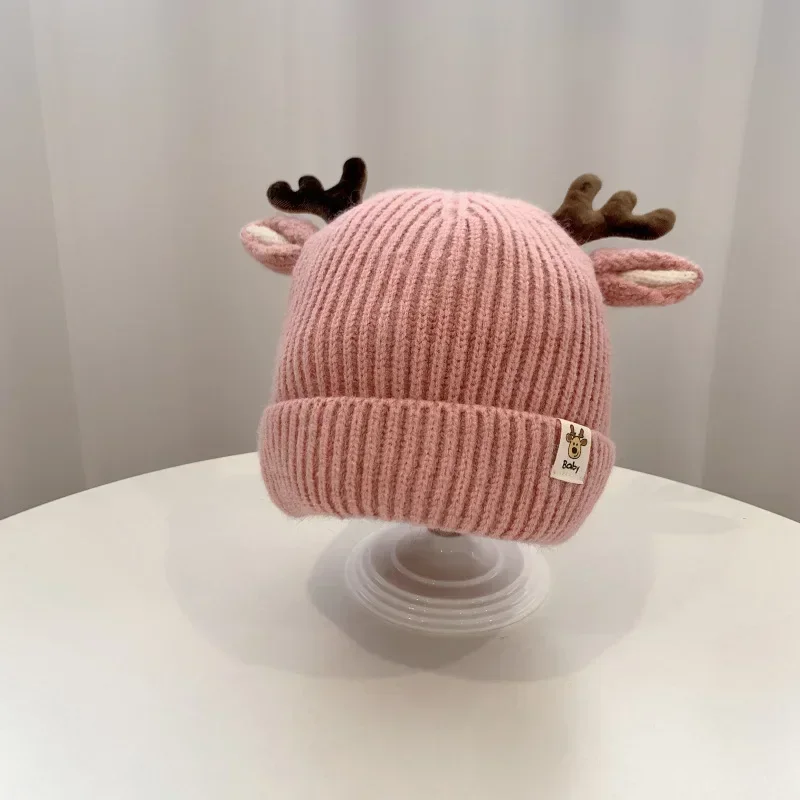 Autumn and Winter 1-4 Year Old Baby Deer Cartoon Wool Hat Korean Knitting Flanging Baby Pullover for Warmth Hats