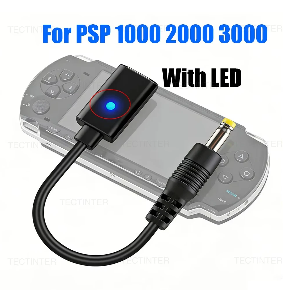 Cabo USB-C PD para PSP1000 2000 3000, Adaptador de Carregamento Tipo C com LED para Console de Jogos PSP 3000, Cabo de Alimentação