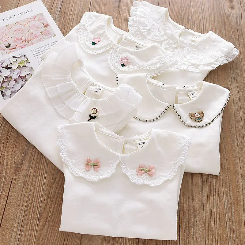 2024 Autumn Children\'s  Shirts School Girls White  Long Sleeve Lace Shirts Kids Shirt Baby Toddler Teen Casual Children Clothes