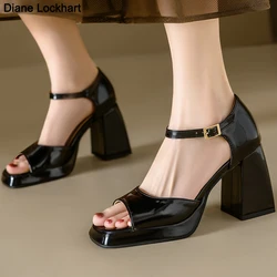 Designer Women Mirror Sandals Fashion Peep Toe High Heels Ladies Square Platform Sandal Patent Leather Party Wedding Shoes 44