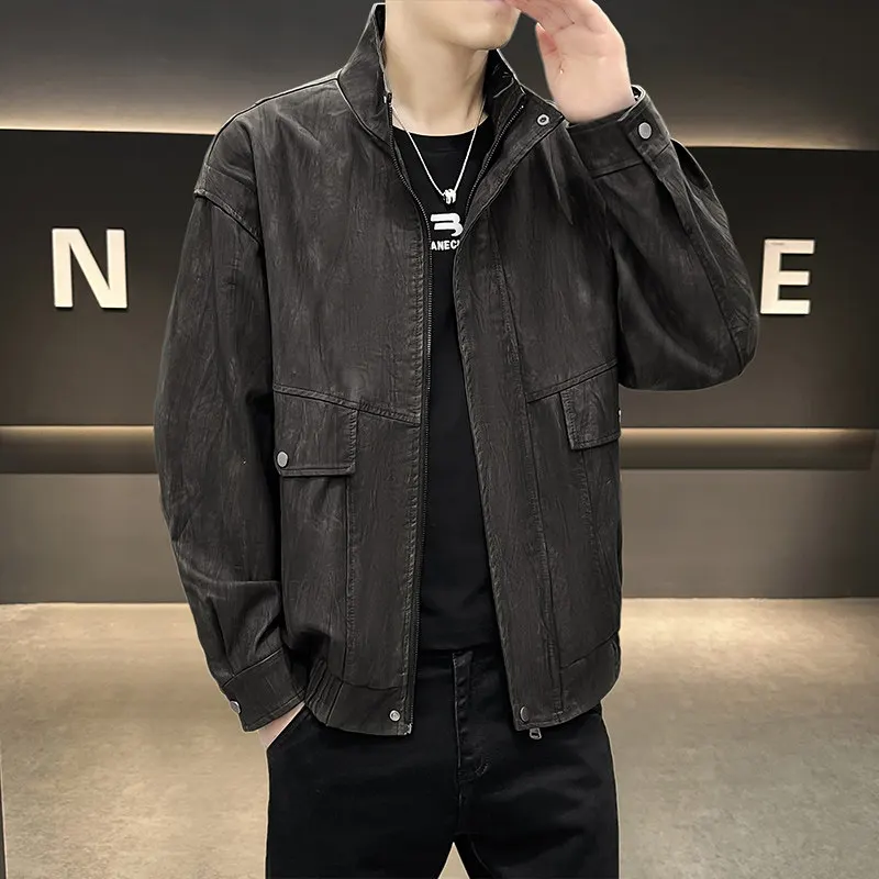

Высококачественная мужская ветрозащитная куртка-косуха из искусственной кожи с воротником, модная трендовая верхняя одежда с длинными рукавами, стандартный крой