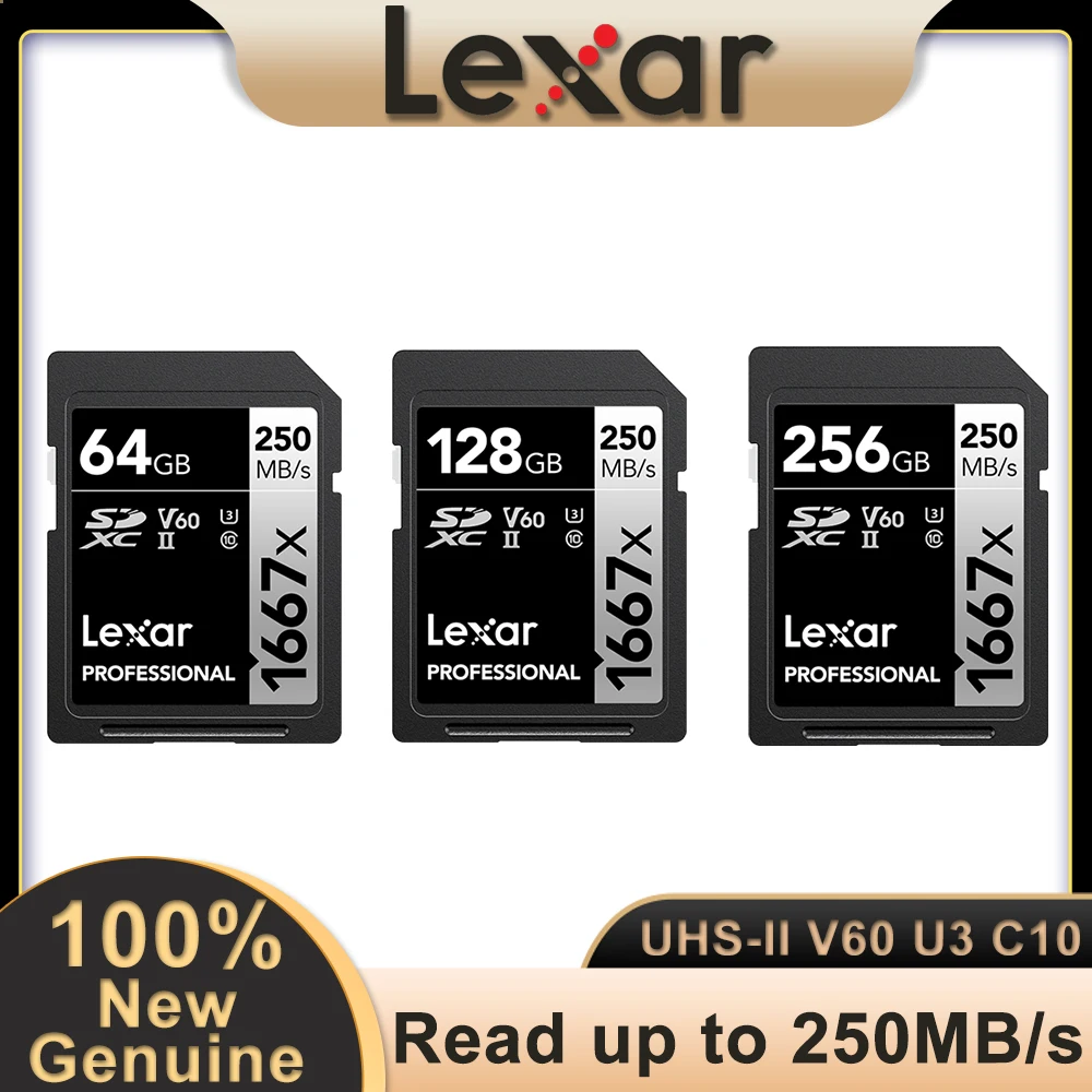 Original Lexar SD Card Memory Card Professional V60 UHS-II C10 Storage Card 1667x SDXC 64GB 128GB 256GB High Speed for Camera