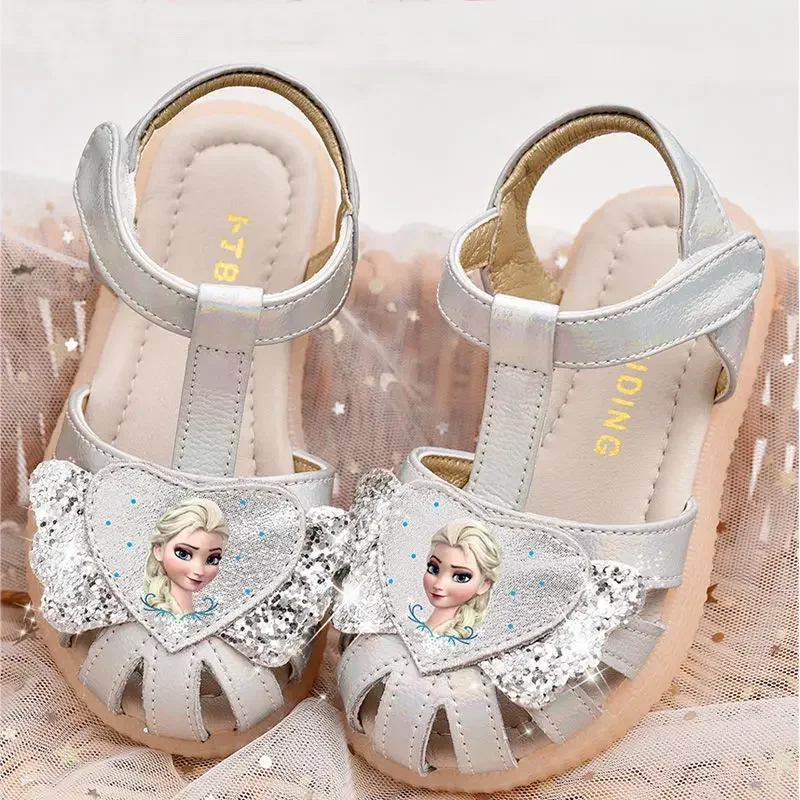 Disney Frozen Elsa Girls Sandals 2024 Summer New Genuine Leather Princess Shoes Fashion Casual Shoes Kids Beach Shoes Size 23-36