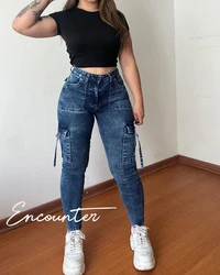 New Fashion 2024 High Waist Skinny Strechy Butt Lifting Slim Fit Women Washed Pencil Jeans Sexy Trendy Multi-Pocket Daily Pants