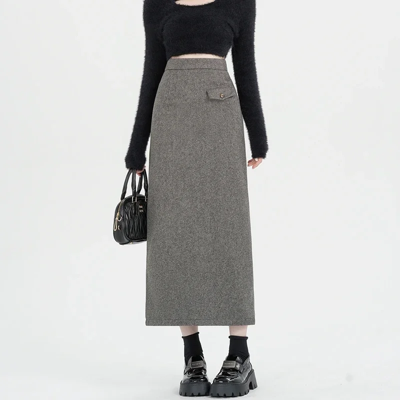 Retro High Waist Split A-line Woolen Long Skirts Women New Fashion Autumn Winter Wool Skirt Ladies Elegant Wrap Hip Skirts